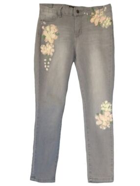 Catherine Malandrino Gray Stretch Designer Jeans Pink Painted Flowers Grey Capri